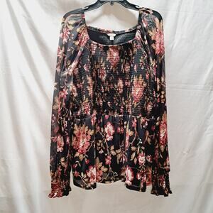 EST. 1946 Black Pink Tan Flowy Long Sleeve Smocked Sheer Babydoll Blouse 18/20W